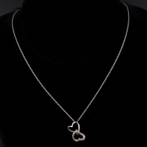 Sterling Silver Diamond Heart Necklace Diamond Accent Double Heart Pendant 18.5" - Picture 2 of 3